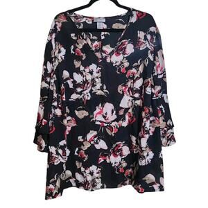 Catherines Womans Blouse Plus Sz 2X 22/24W Black Floral 3/4 Layered Bell Sleeve